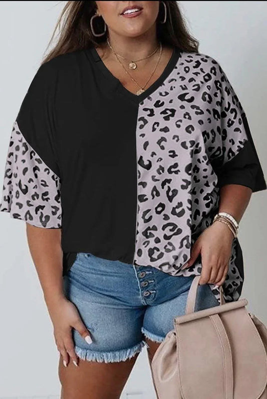 Plus size leopard Patchwork SS Top