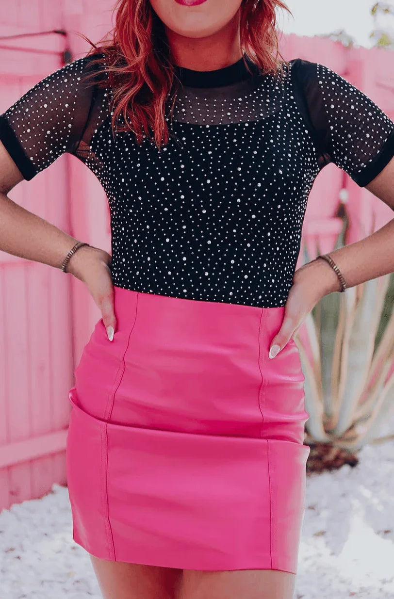 Rhinestone Allover Round Neck SS Bodysuit