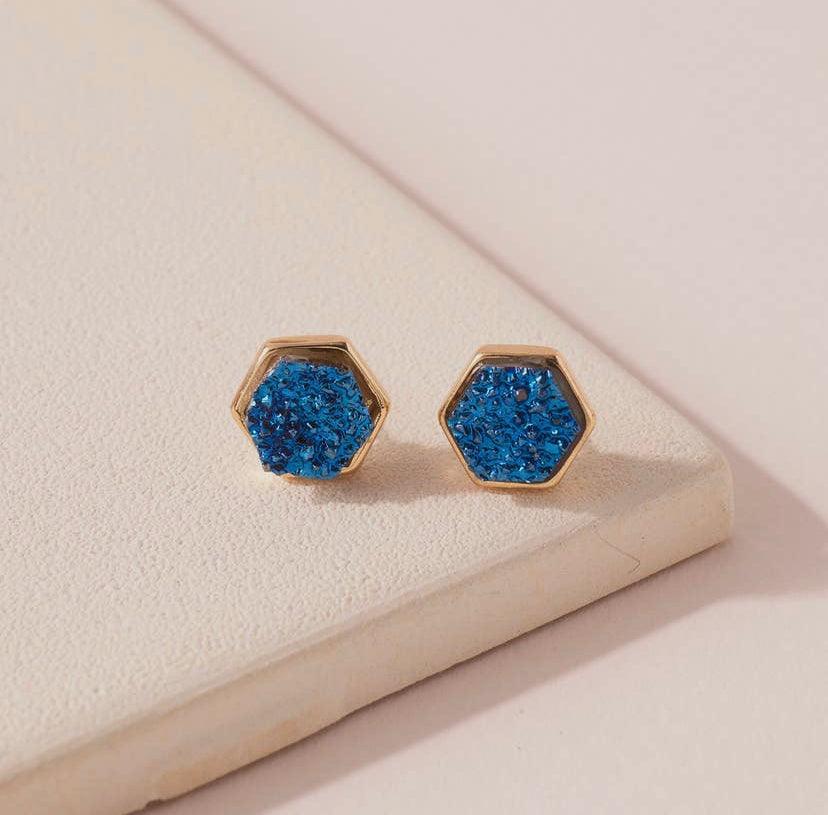 Hexagon Druzy Stone Stud Earrings