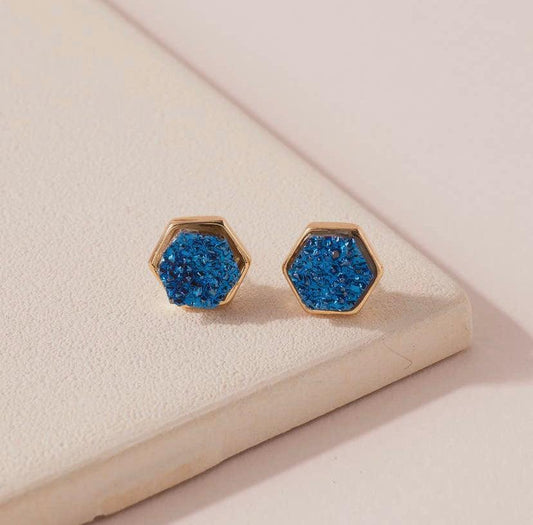Hexagon Druzy Stone Stud Earrings