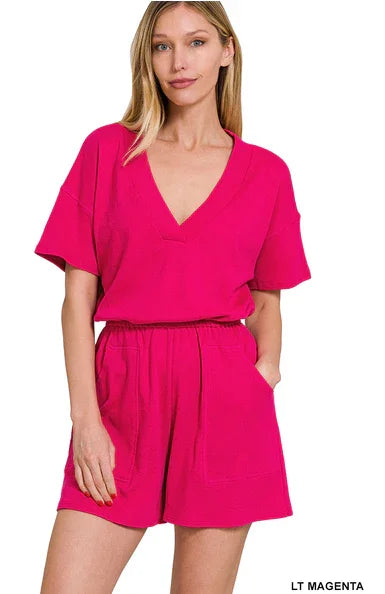 DROP SHOULDER V-NECK ROMPER WITH POCKETS rompers Lt Magenta