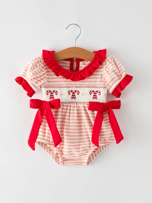 Christmas Candy Cane Smocking Embroidery Striped Baby Girls Romper baby romper