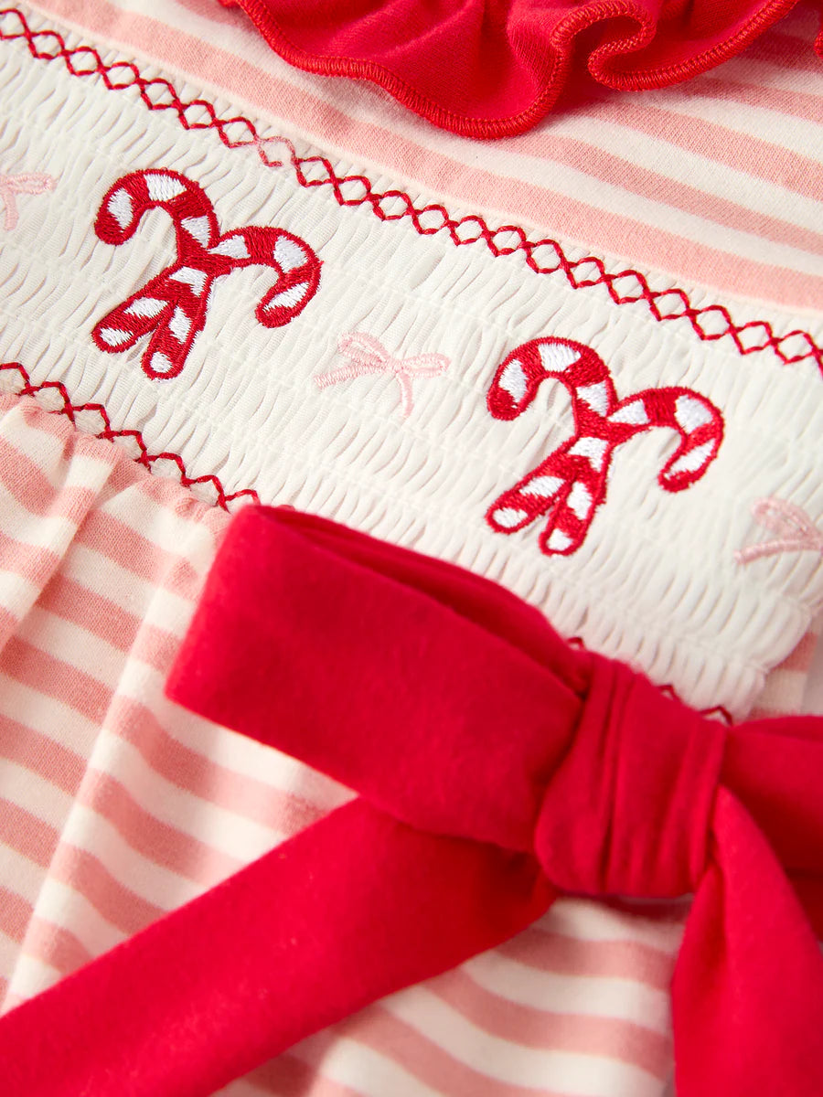 Christmas Candy Cane Smocking Embroidery Striped Baby Girls Romper baby romper