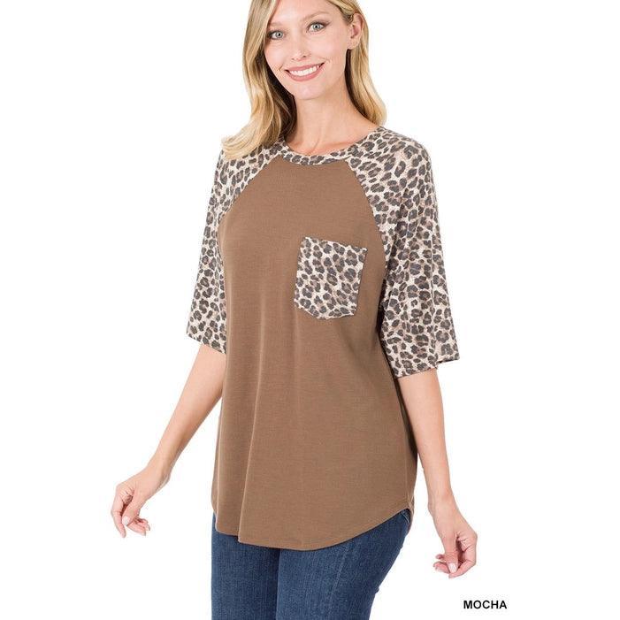 SS Leopard Raglan Sleeve Top With Pocket shirt Mocha