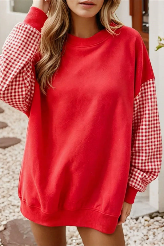 Sweet Southern Color-block Plaid Pullover Sweatshirt Red