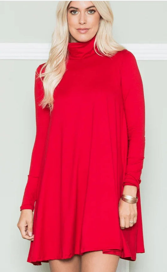 Solid long sleeve turtle neck tunic dress Dress Red