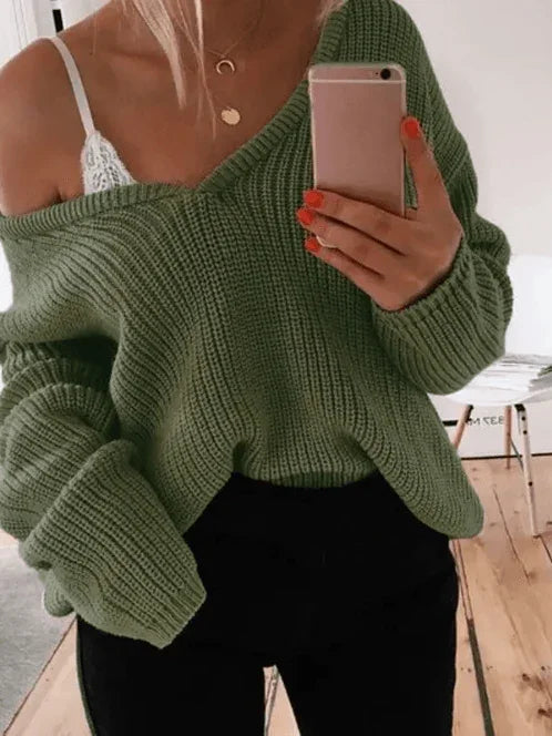 Long Sleeve V-Neck Pullover Sweater Sweatshirt Olive