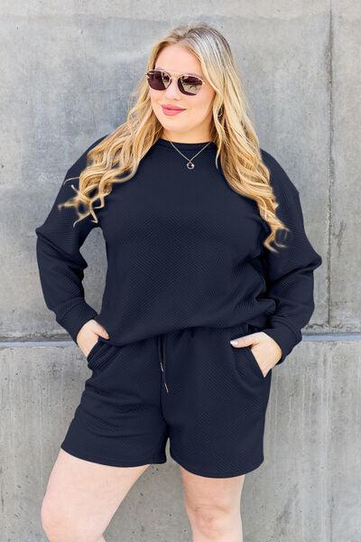 Double Take Full Size Texture Long Sleeve Top and Drawstring Shorts Set Clothing Set