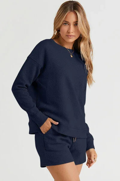 Double Take Full Size Texture Long Sleeve Top and Drawstring Shorts Set Clothing Set Navy