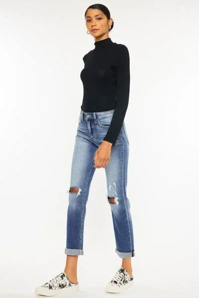 Kancan High Waist Distressed Hem Detail Cropped Straight Jeans pants