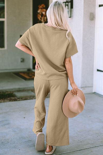 Double Take Full Size Texture Short Sleeve Top and Pants Set Clothing Set