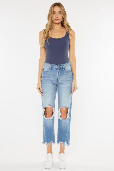 Kancan High Waist Chewed Up Straight Mom Jeans pants