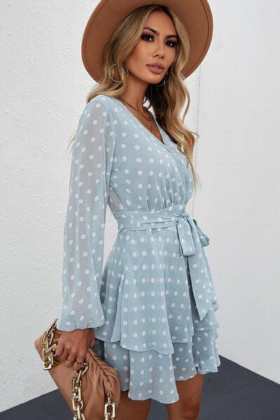 Tied Layered Polka Dot Balloon Sleeve Dress Dress