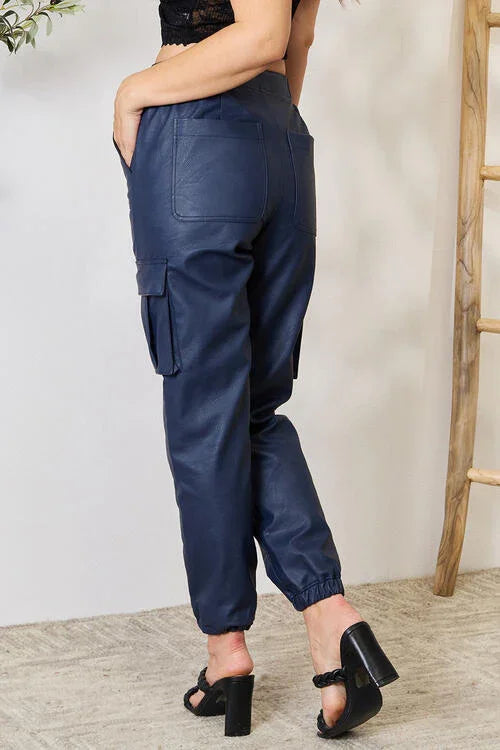 Kancan High Waist Faux Leather Cargo Joggers pants