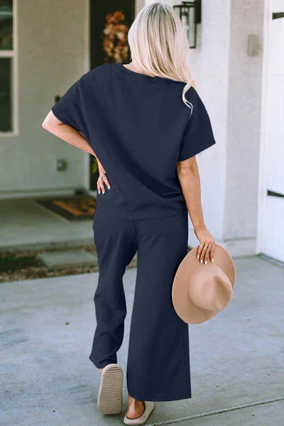 Double Take Full Size Texture Short Sleeve Top and Pants Set Clothing Set