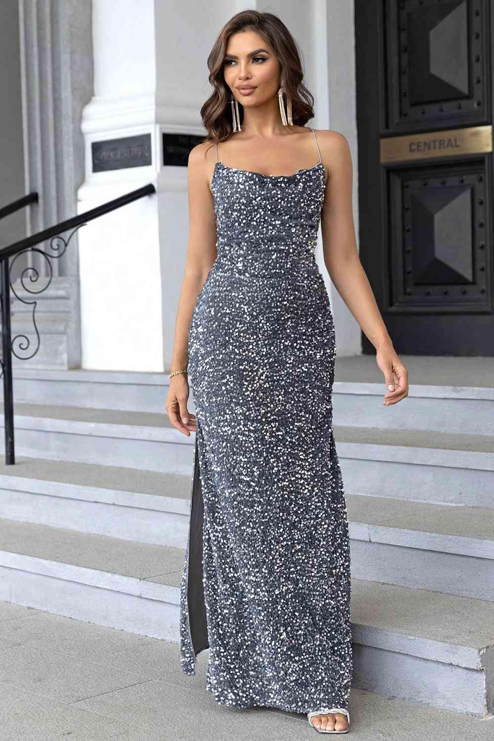 Sequin Backless Split Maxi Dress formal dress Cloudy Blue