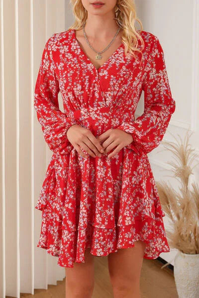 Printed Surplice Balloon Sleeve Layered Dress Dress Deep Red