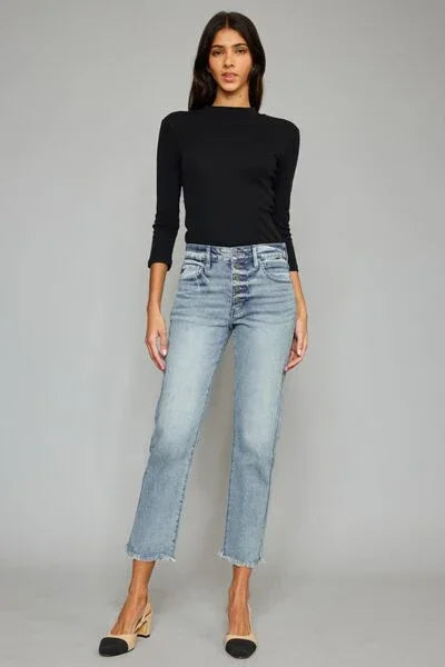 Kancan High Waist Button Fly Raw Hem Cropped Straight Jeans pants