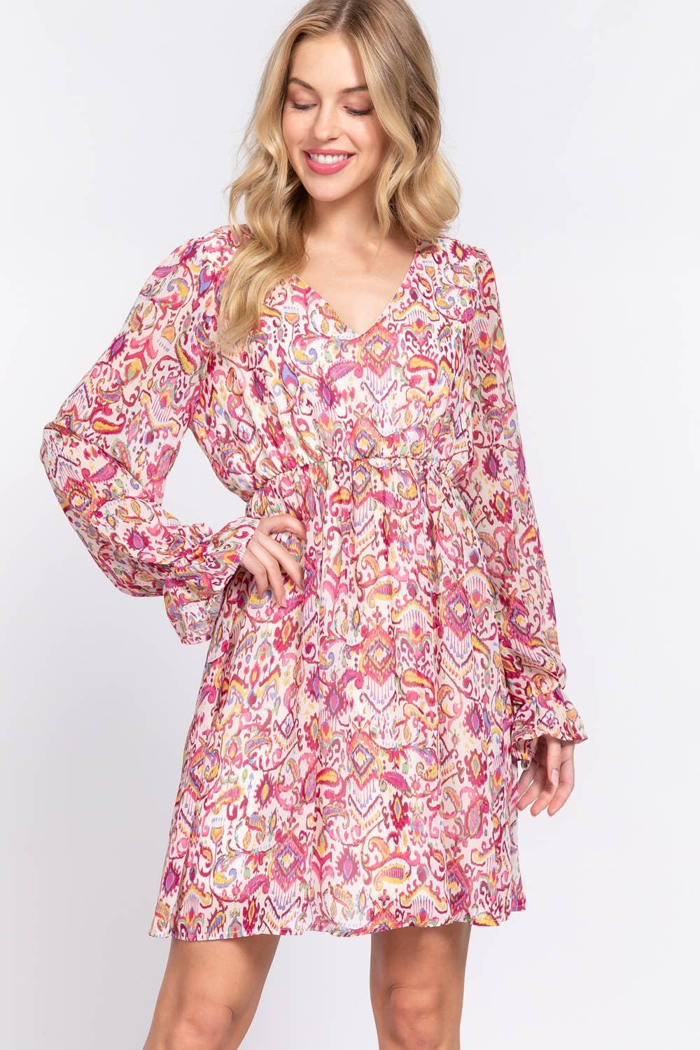 Long Sleeve Print Woven Mini Dress Dress IVY-cream magenta