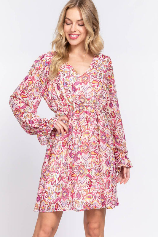 Long Sleeve Print Woven Mini Dress Dress IVY-cream magenta