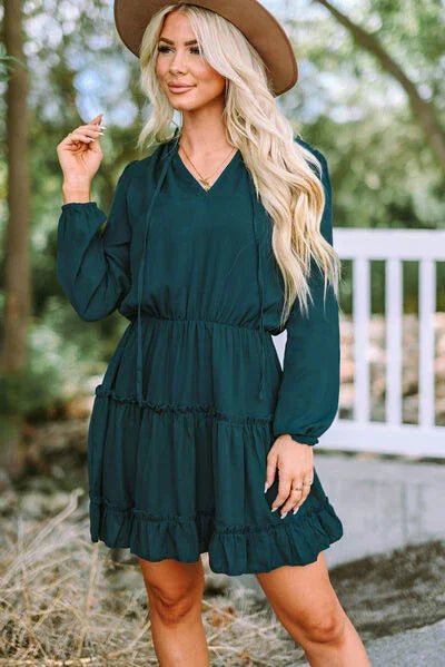 Frill Tie Neck Balloon Sleeve Dress Dress