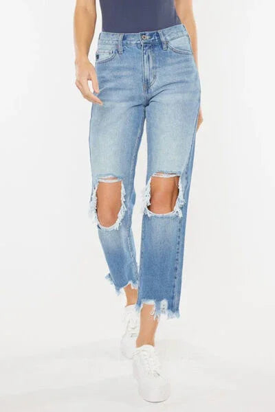 Kancan High Waist Chewed Up Straight Mom Jeans pants
