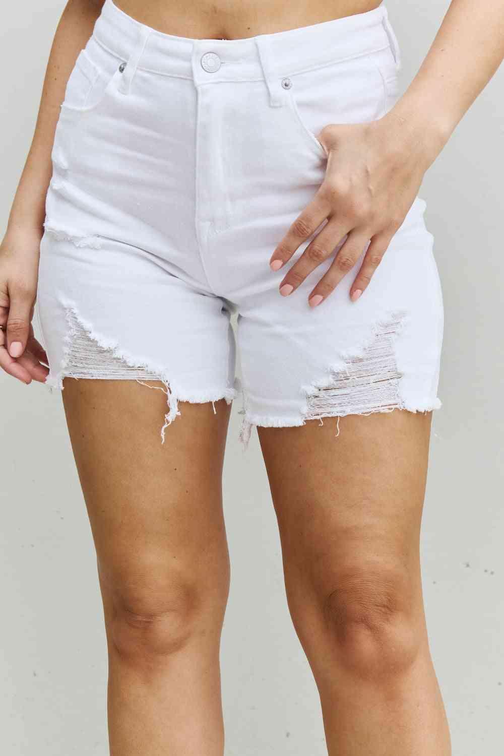 RISEN Ella Full Size High Waisted Distressed Thigh Shorts pants