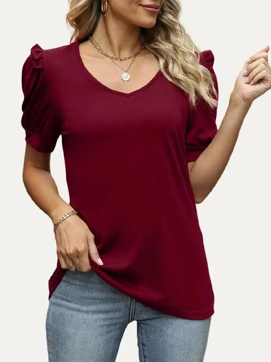 Chic Stretchy V Neck Short Sleeve Woven shirt