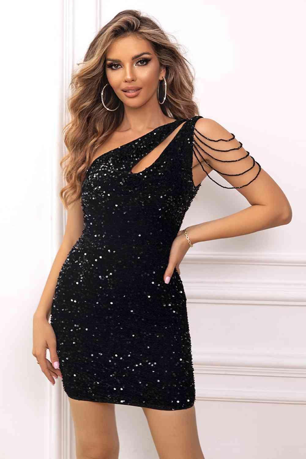 Contrast Sequin Sleeveless Mini Dress formal dress Black