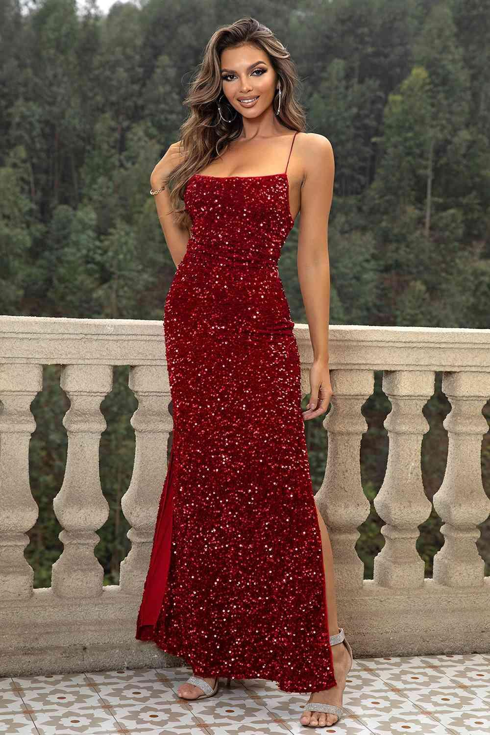 Sequin Backless Split Maxi Dress formal dress