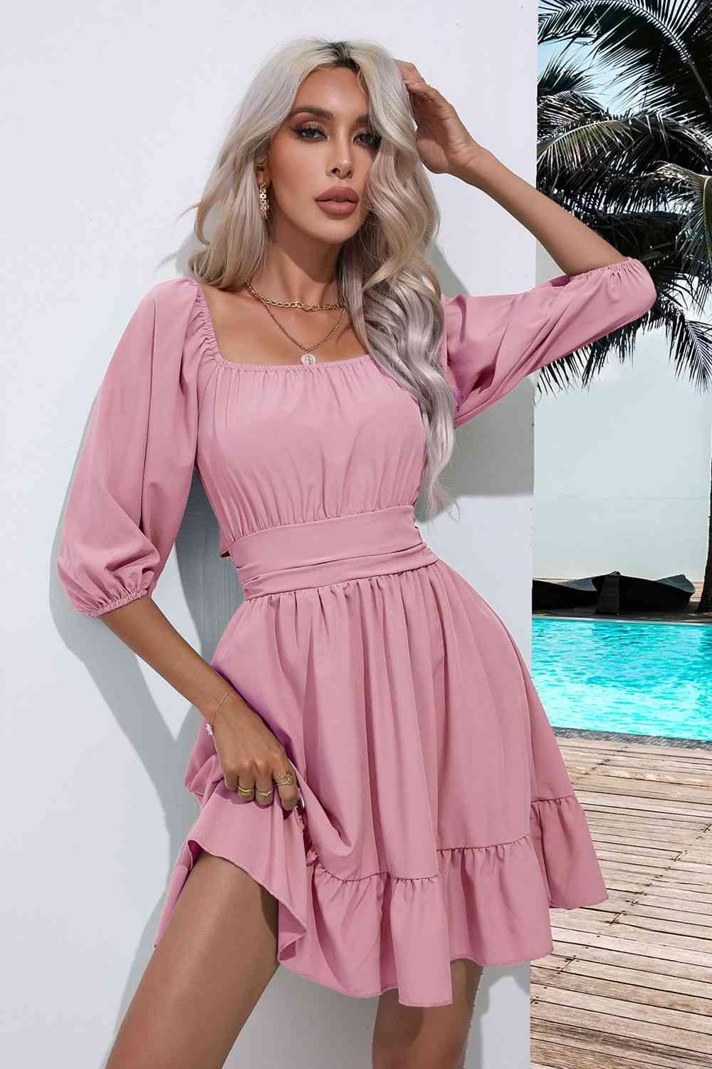 Square Neck Tie Back Ruffle Hem Dress Dress Blush Pink