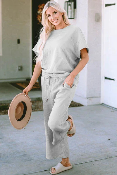 Double Take Full Size Texture Short Sleeve Top and Pants Set Clothing Set