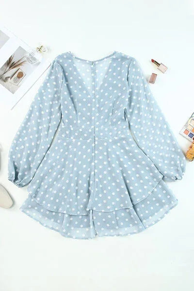 Tied Layered Polka Dot Balloon Sleeve Dress Dress