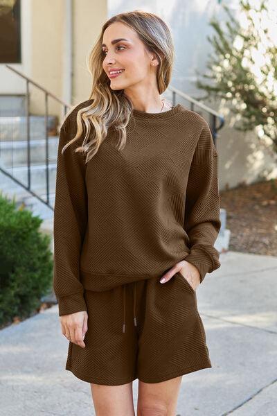 Double Take Full Size Texture Long Sleeve Top and Drawstring Shorts Set Clothing Set