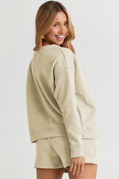 Double Take Full Size Texture Long Sleeve Top and Drawstring Shorts Set Clothing Set