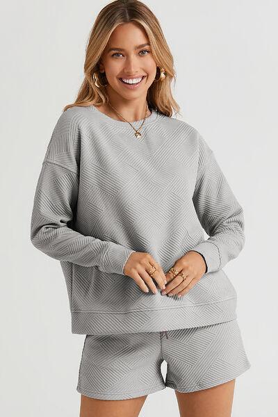 Double Take Full Size Texture Long Sleeve Top and Drawstring Shorts Set Clothing Set Cloudy Blue