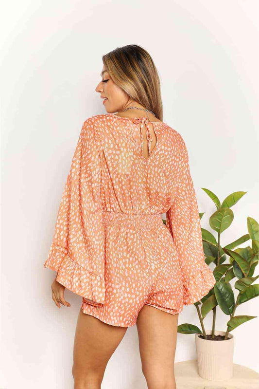 Double Take Printed Flare Sleeve Surplice Romper rompers