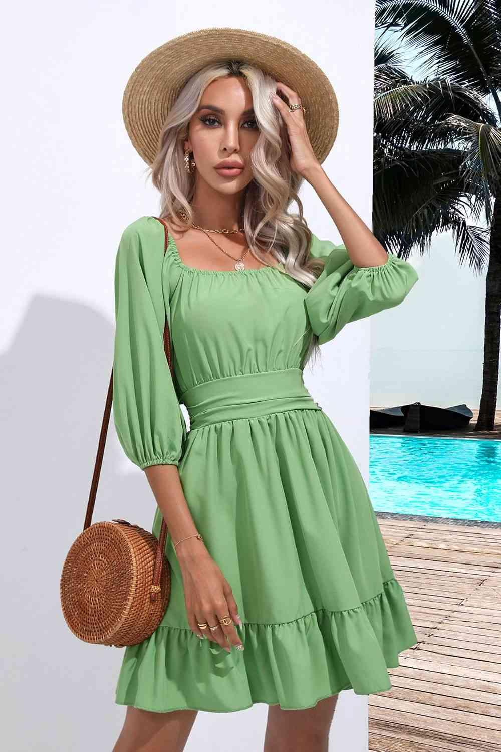 Square Neck Tie Back Ruffle Hem Dress Dress