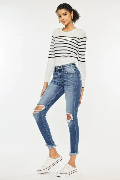 Kancan High Waist Distressed Raw Hem Ankle Skinny Jeans pants