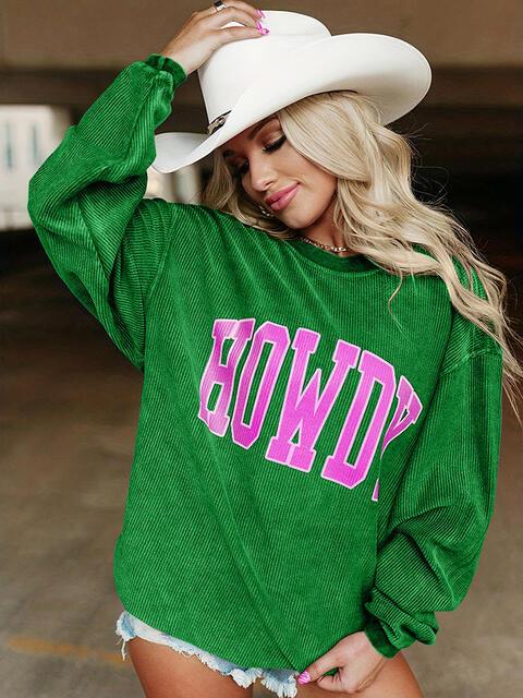 Full Size HOWDY Graphic Round Neck Sweatshirt Sweatshirt Mid Green