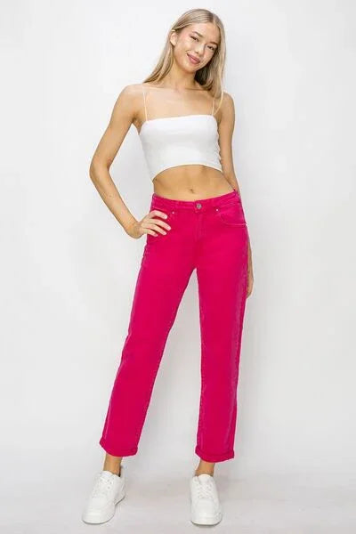 RISEN High Waist Rolled Hem Straight Jeans pants