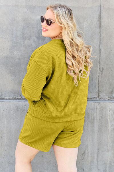 Double Take Full Size Texture Long Sleeve Top and Drawstring Shorts Set Clothing Set