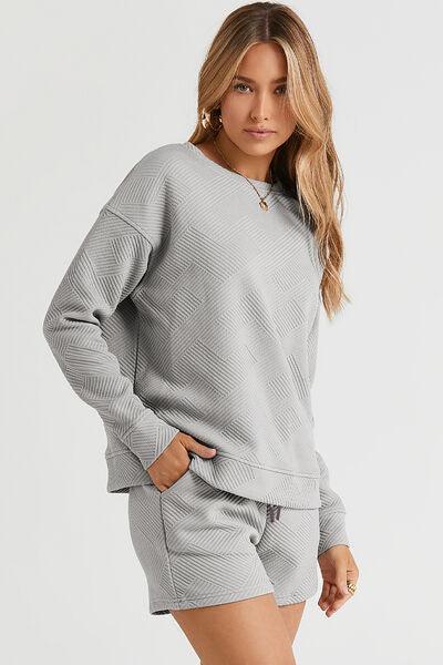 Double Take Full Size Texture Long Sleeve Top and Drawstring Shorts Set Clothing Set