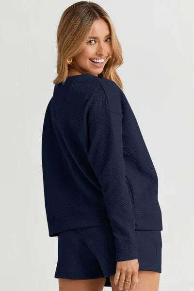 Double Take Full Size Texture Long Sleeve Top and Drawstring Shorts Set Clothing Set