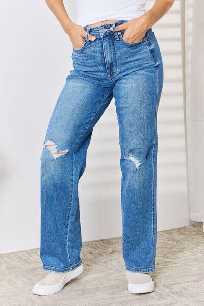 Judy Blue Full Size High Waist Distressed Straight-Leg Jeans pants