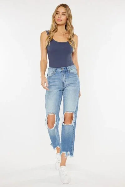 Kancan High Waist Chewed Up Straight Mom Jeans pants