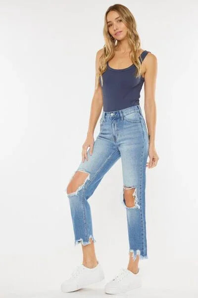Kancan High Waist Chewed Up Straight Mom Jeans pants