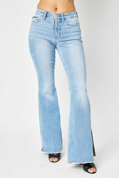 Judy Blue Full Size Mid Rise Raw Hem Slit Flare Jeans pants Medium