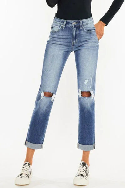 Kancan High Waist Distressed Hem Detail Cropped Straight Jeans pants Medium