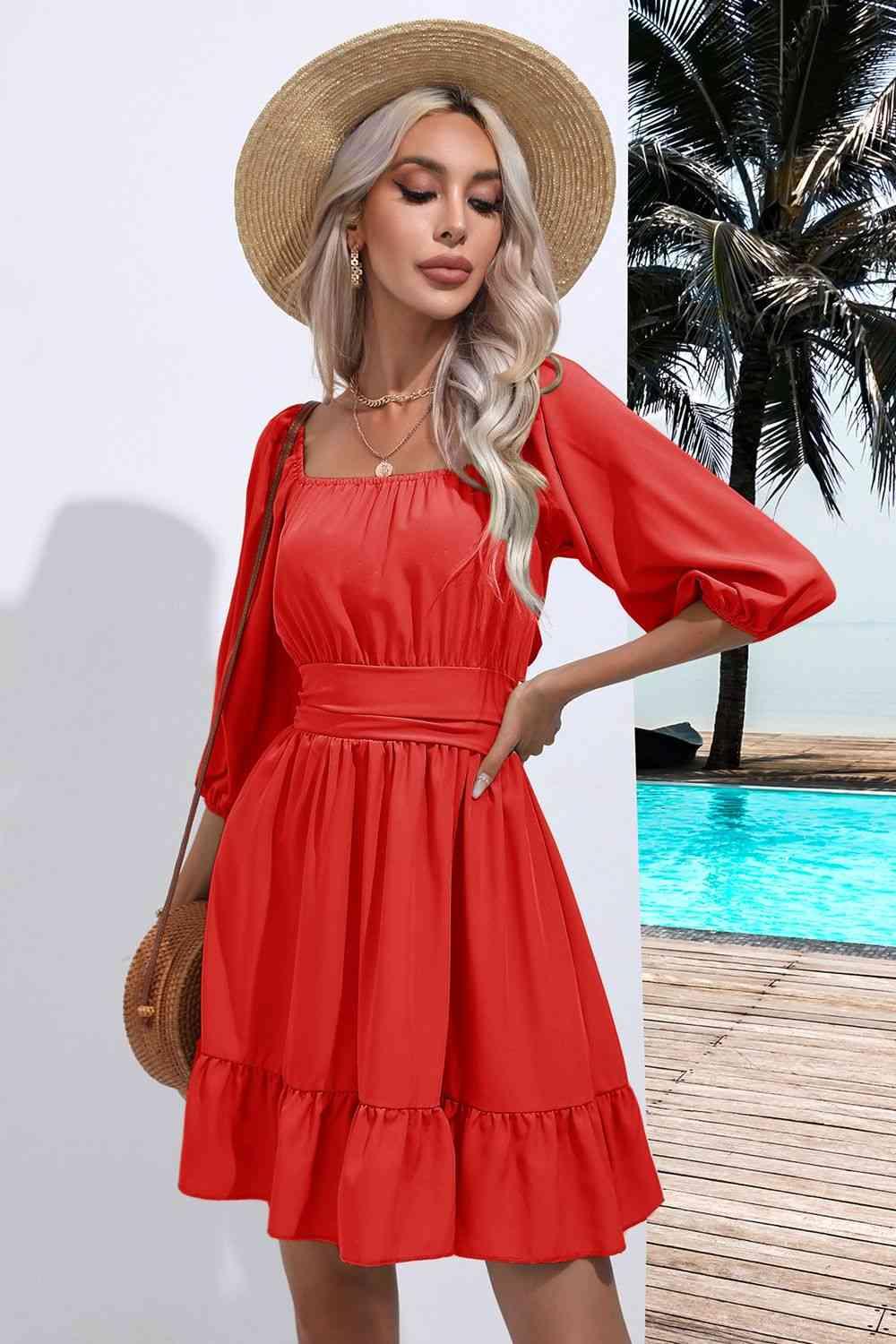 Square Neck Tie Back Ruffle Hem Dress Dress